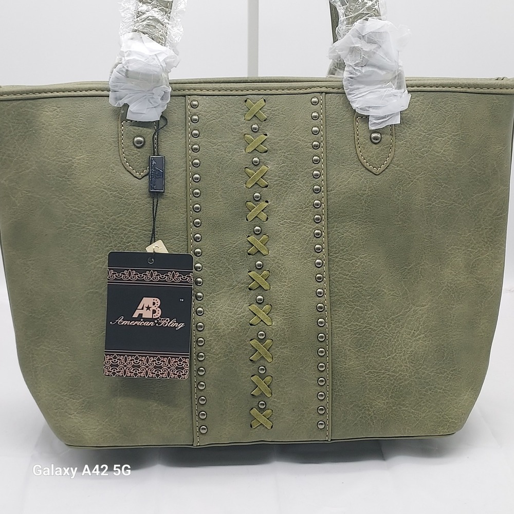 American Bling Olive Green Faux Leather Tote Bag Studded Crossbody Strap